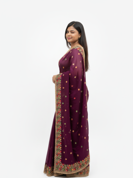 Budget-Friendly Meenakari Fendy Saree – Designer Look, Smart Price- Plum Wine